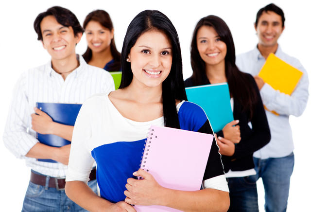 Female student with a group